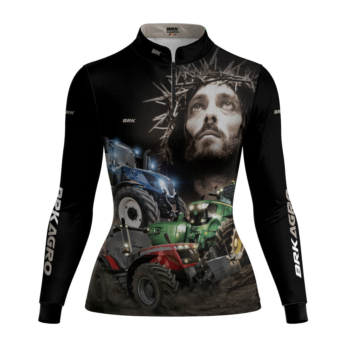 Camisa Agro Feminina Brk Trator Jesus Preta com Proteção Solar UV50+ - Brk Agro