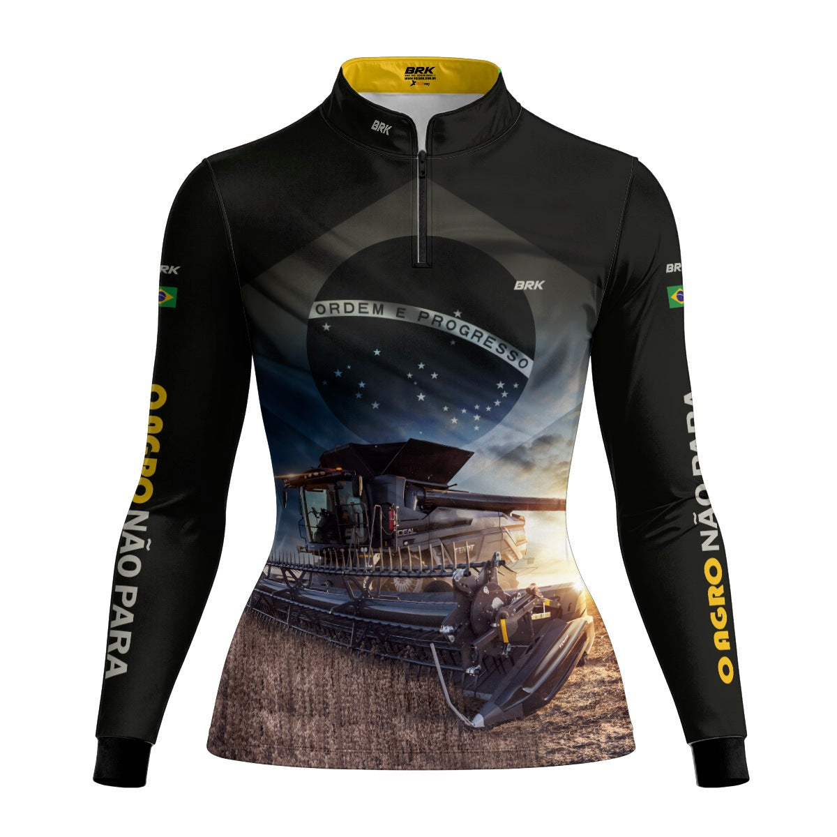 Camisa Agro Feminina Brk Preta Colheitadeira Bandeira do Brasil com Proteção Solar UV50+ - Brk Agro