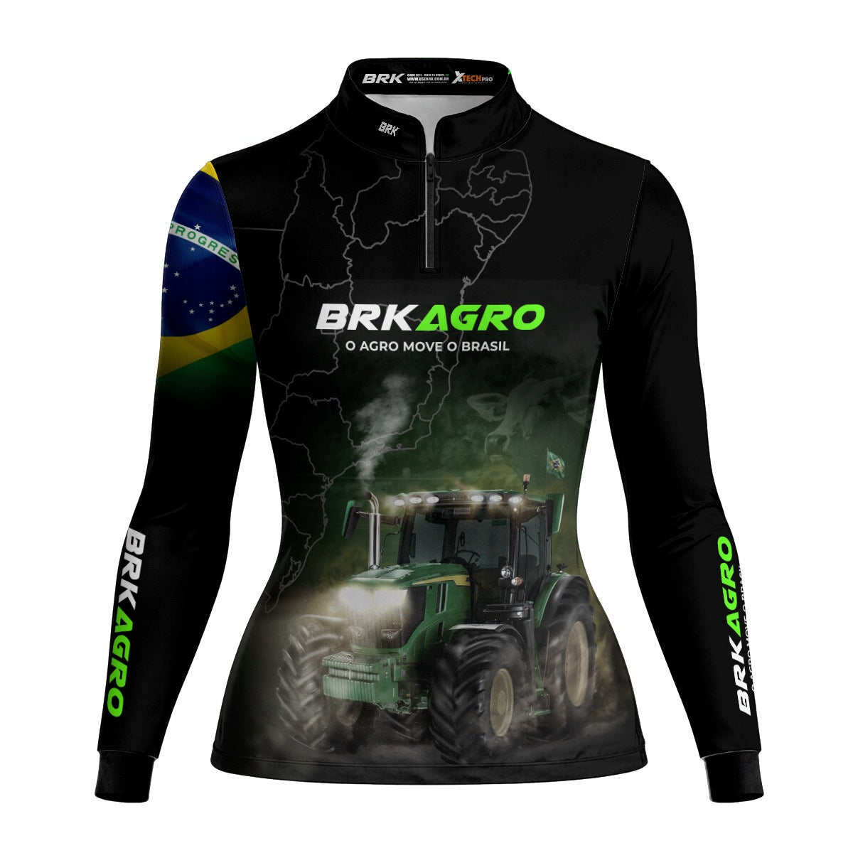 Camisa Agro Feminina Brk Preta O Agro Move o Brasil Trator com Proteção Solar UV50+ - Brk Agro