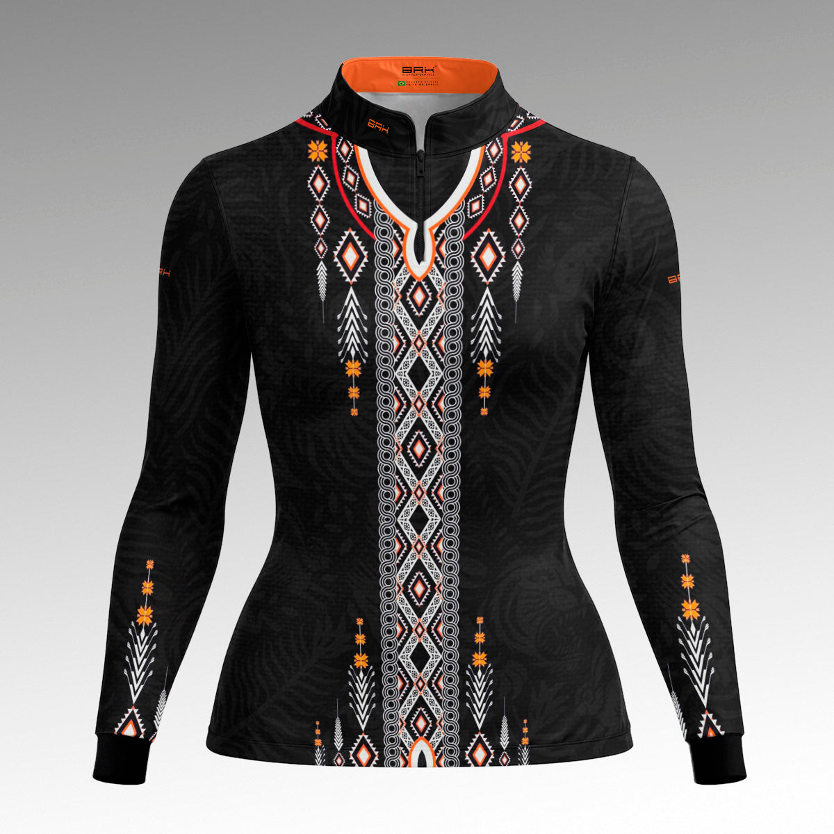 Camisa Feminina Apache Laranja Preta e Branco com UV50