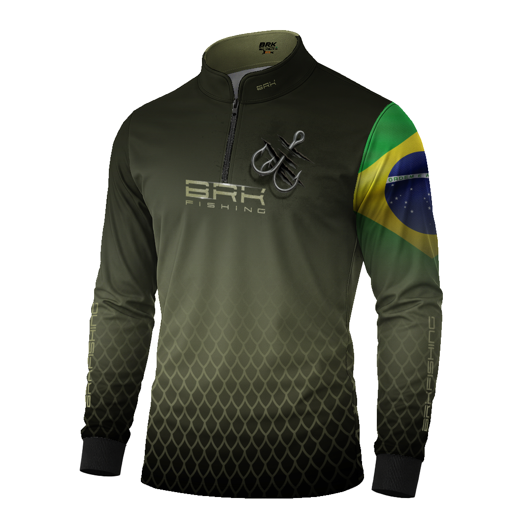 Camisa de Pesca Brk Verde Escamas Bandeira do Brasil Garateia com Proteção UV50