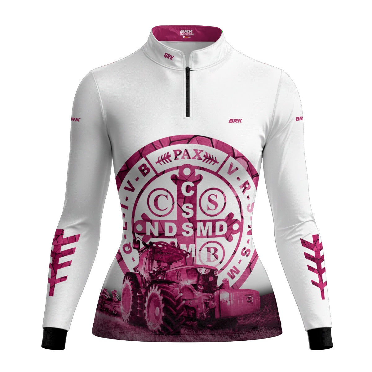 Camisa Agro Feminina Medalhão de São Bento Branco e Rosa UV50+ - Brk Agro