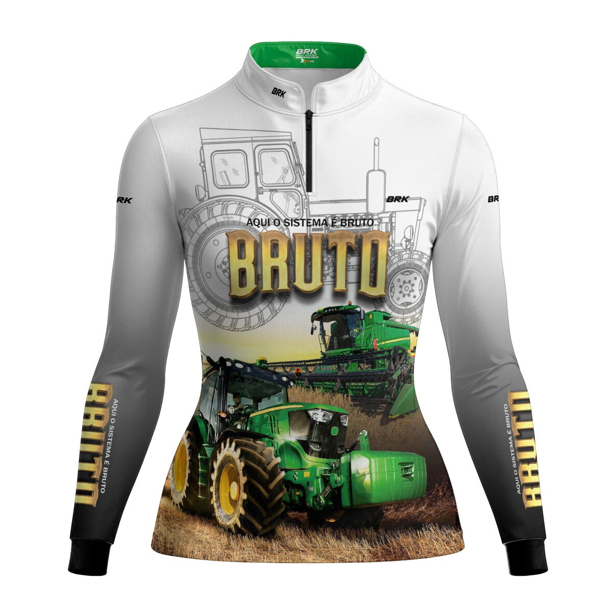 Camisa Feminina Branca Brk John Deere Aqui o Sistema é Bruto com Proteção Solar UV50+ - Brk Agro