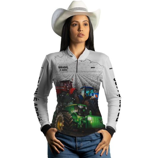 Camisa Feminina Agro Brk Brasil é Agro Branca com Proteção Solar UV50+ - Brk Agro