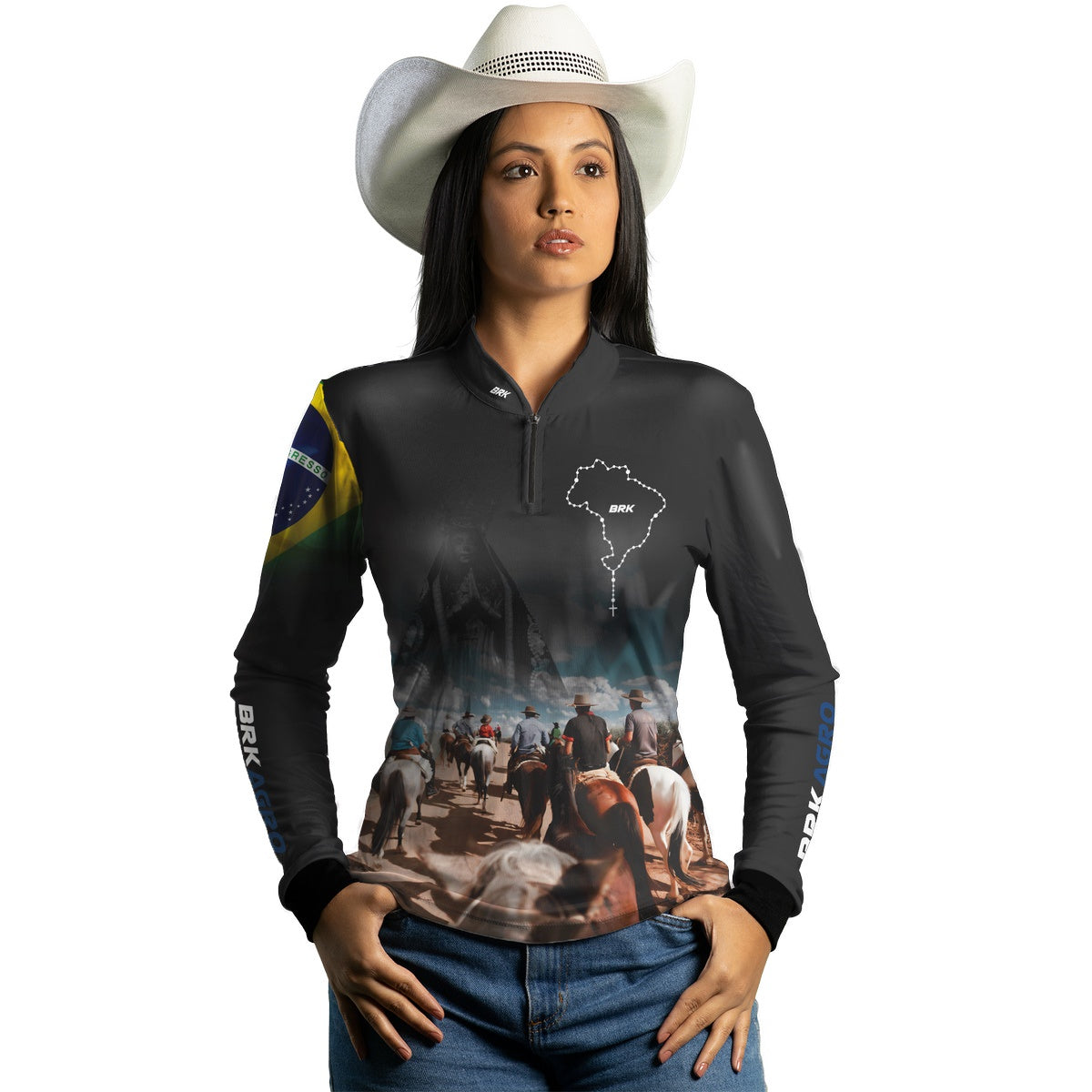 Camisa Agro Brk Cavalgada Nossa Senhora c/ Bandeira do Brasil com Proteção Solar UV50+ - Brk Agro