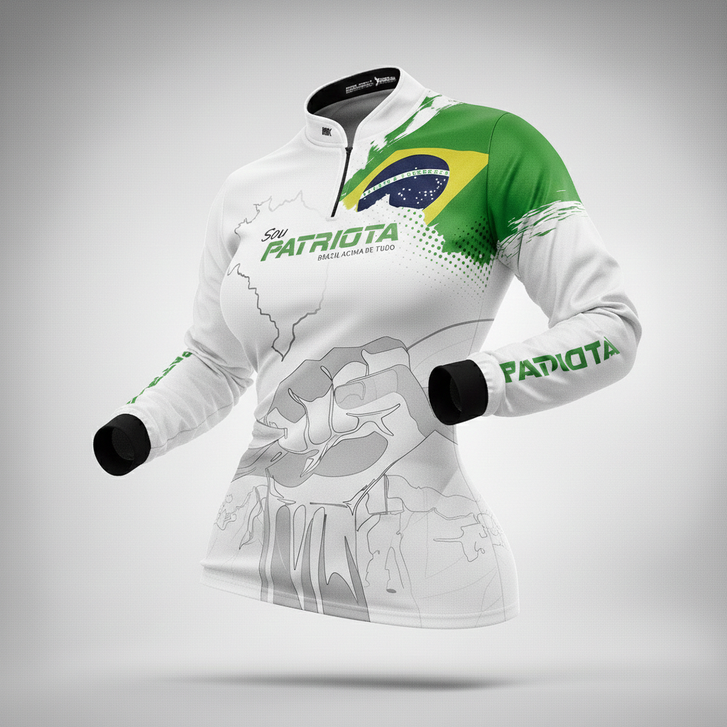 Camisa Agro Feminina Brk Básica Patriota Bandeira do Brasil Branca com Proteção UV50+