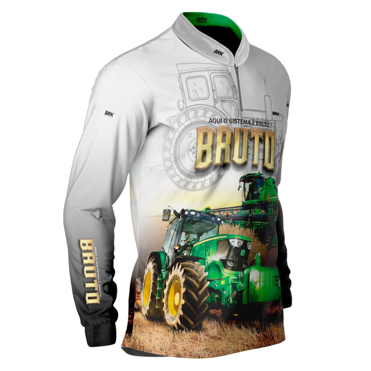 Camisa Branca Brk John Deere Aqui o Sistema é Bruto com Proteção Solar UV50+ - Brk Agro