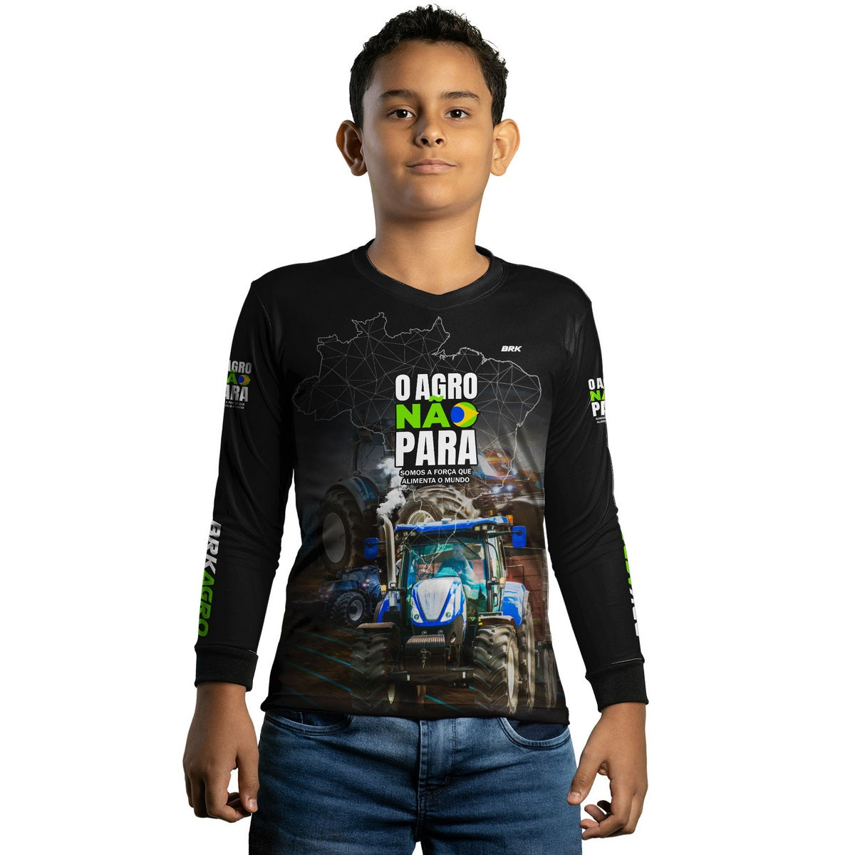 Camisa Infantil Agro Brk O Agro Não Para Trator Azul com UV50+ - Brk Agro