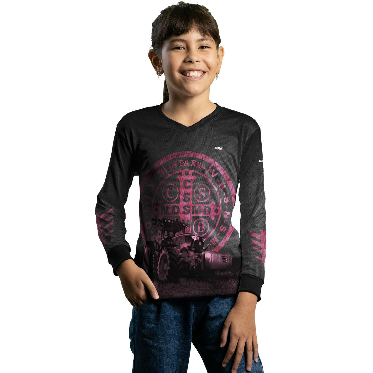 Camisa Infantil Agro Brk Feminina Medalhão de São Bento Preto e Rosa UV50+ - Brk Agro