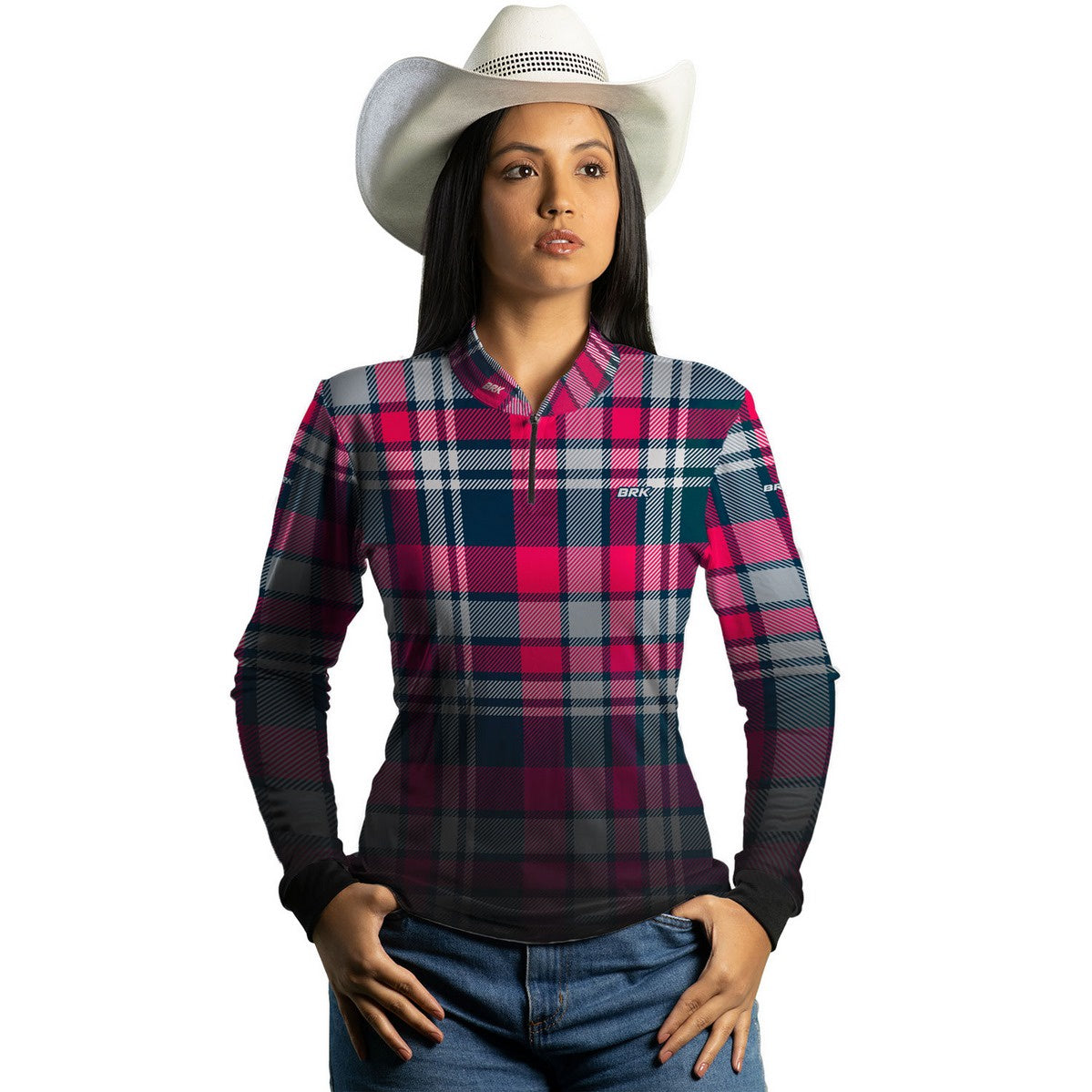 Camisa Agro Feminina Xadrez Azul e Rosa com Proteção Solar UV50+ - BRK AGRO