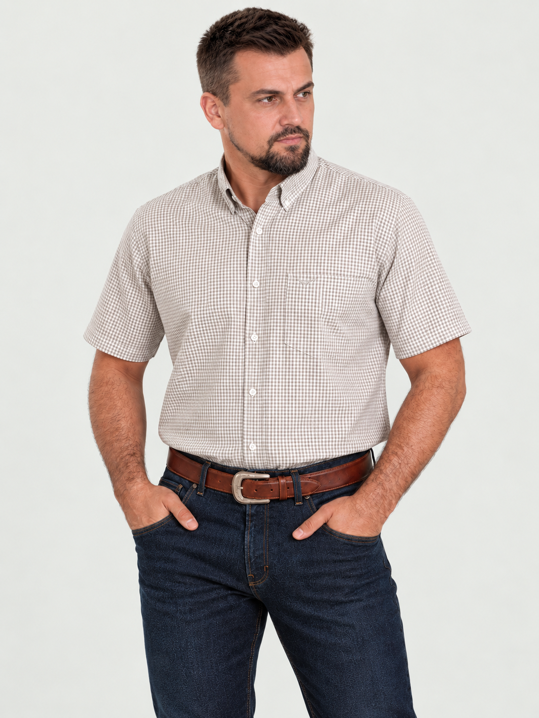 Camisa Xadrez Farm Bege - Manga Curta