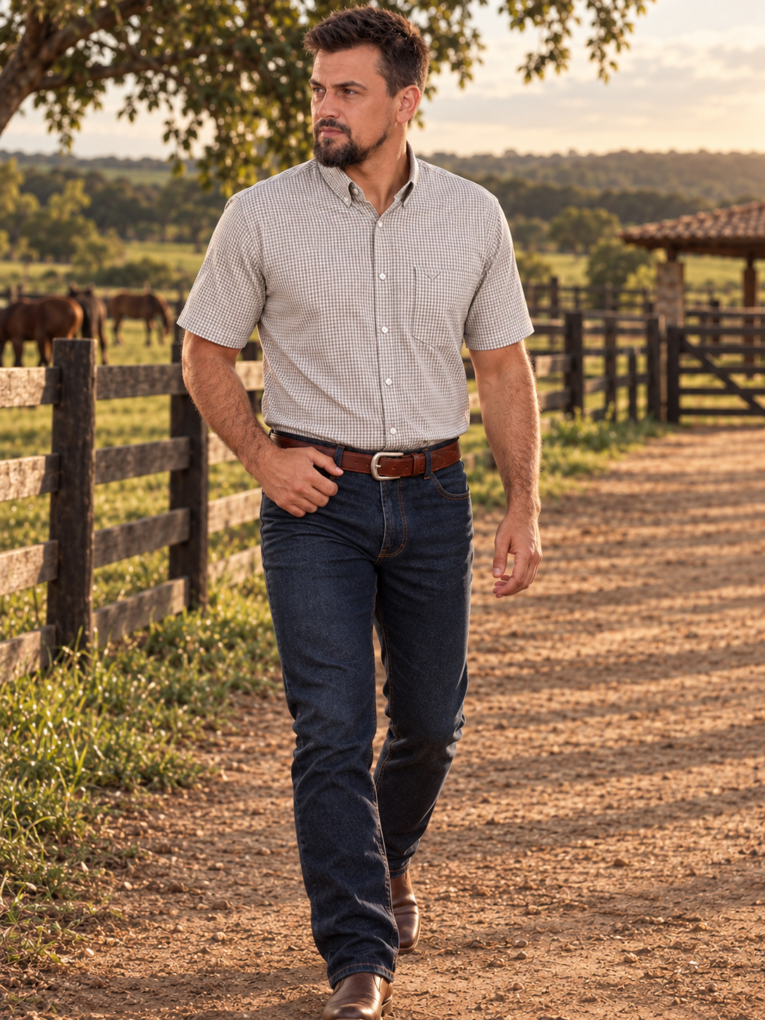 Camisa Xadrez Farm Bege - Manga Curta