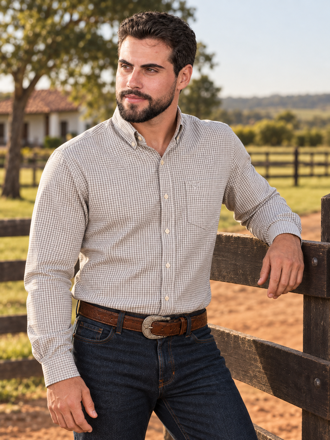 Camisa Xadrez Farm Bege - Manga Longa