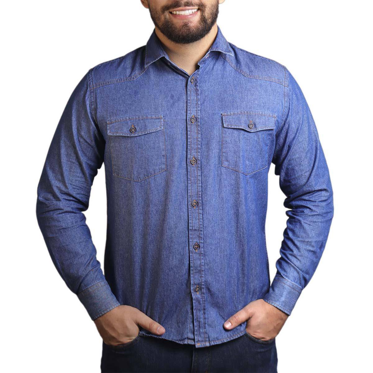 Camisa Social Agro Brk Jeans Manga Longa Slim Fit - Jeans Escuro - Brk Agro