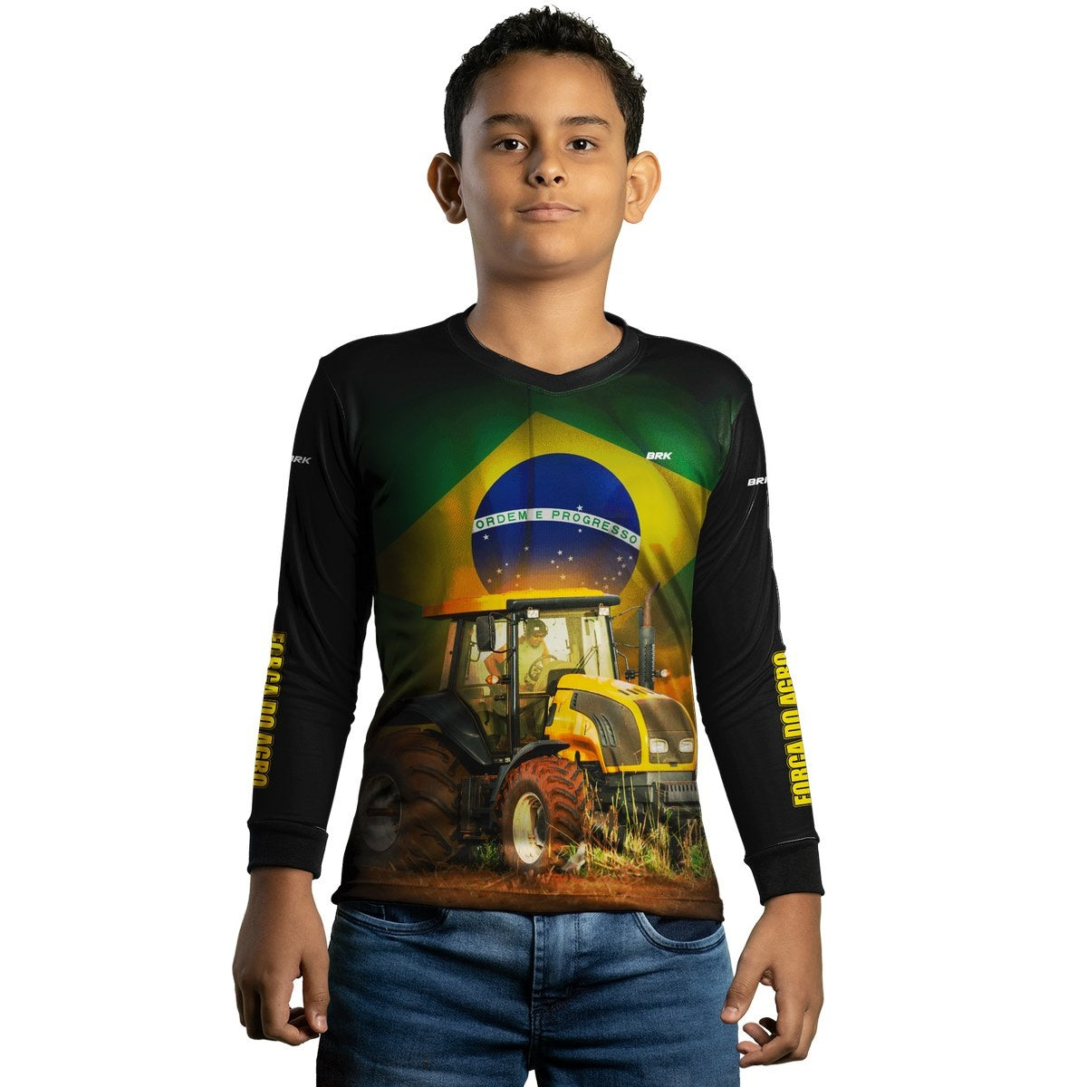 Camisa Infantil Agro Brk Brasil Trator Amarelo com Proteção Solar UV50+ - Brk Agro