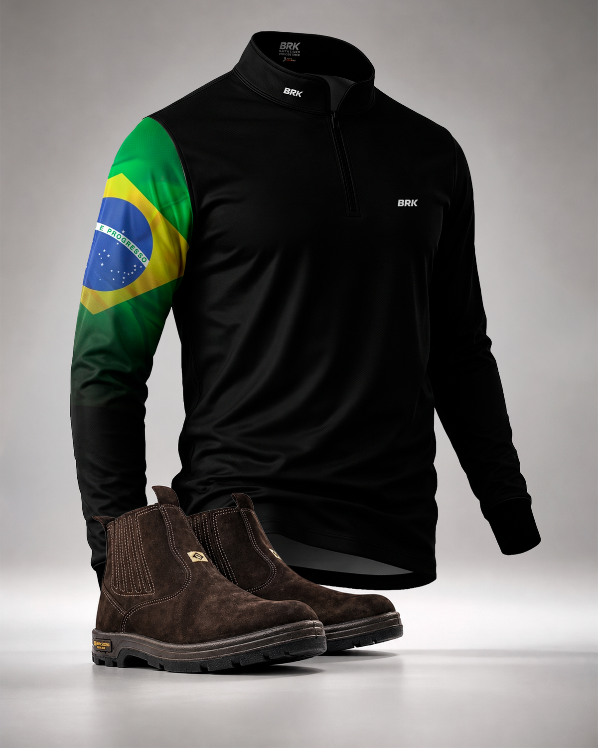 Kit Camisa Agro Brk Preta Bandeira do Brasil + Botina Couro Legítimo Chocolate