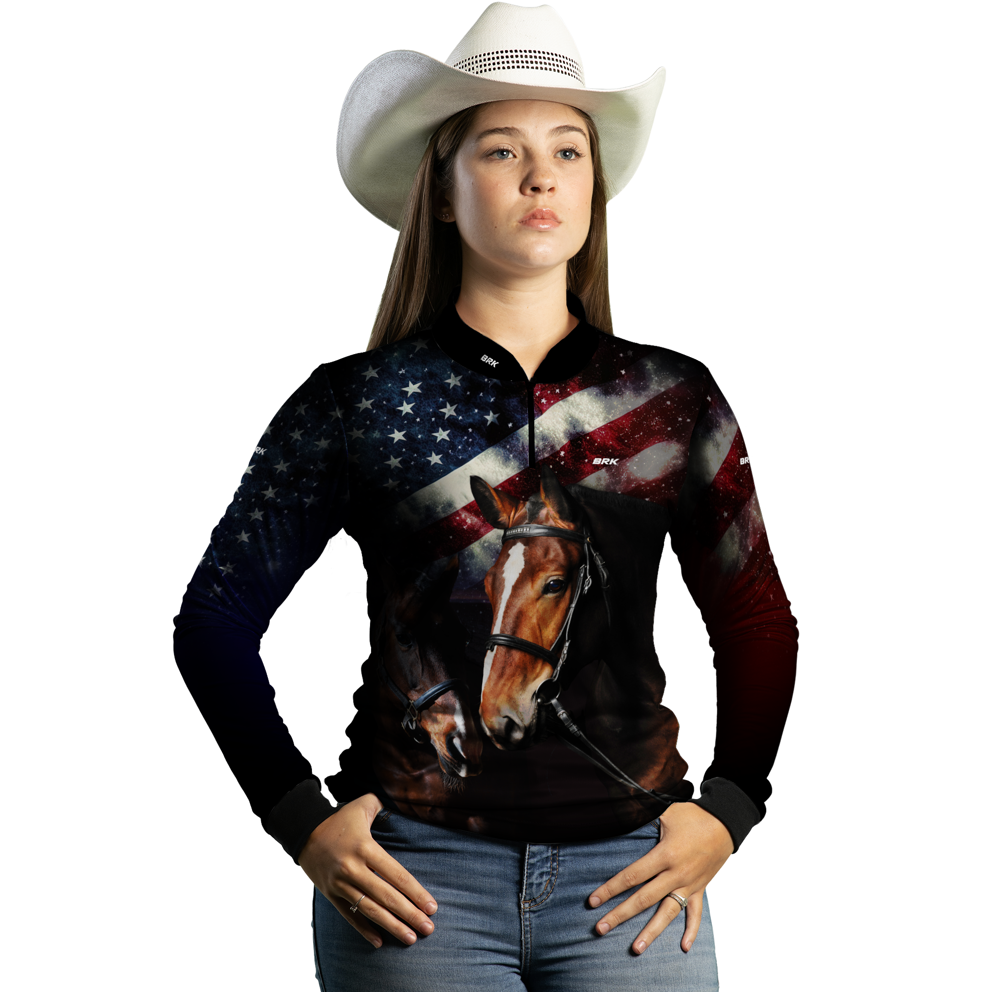 Camisa Feminina Agro Brk Quarto de Milha e Bandeira dos Estados Unidos com Proteção Solar UV50+ - Brk Agro