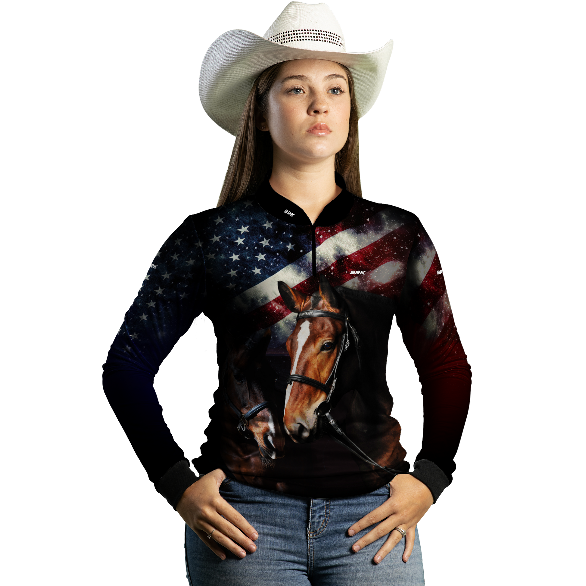 Camisa Feminina Agro Brk Quarto de Milha e Bandeira dos Estados Unidos com Proteção Solar UV50+ - Brk Agro