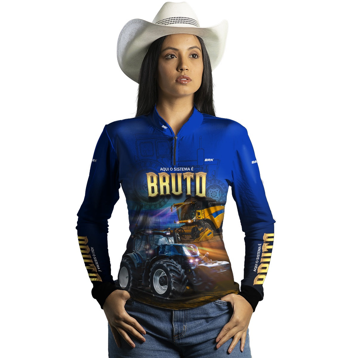 Camisa Feminina Agro Brk Sistema é Bruto Trator Azul com UV50+ - Brk Agro