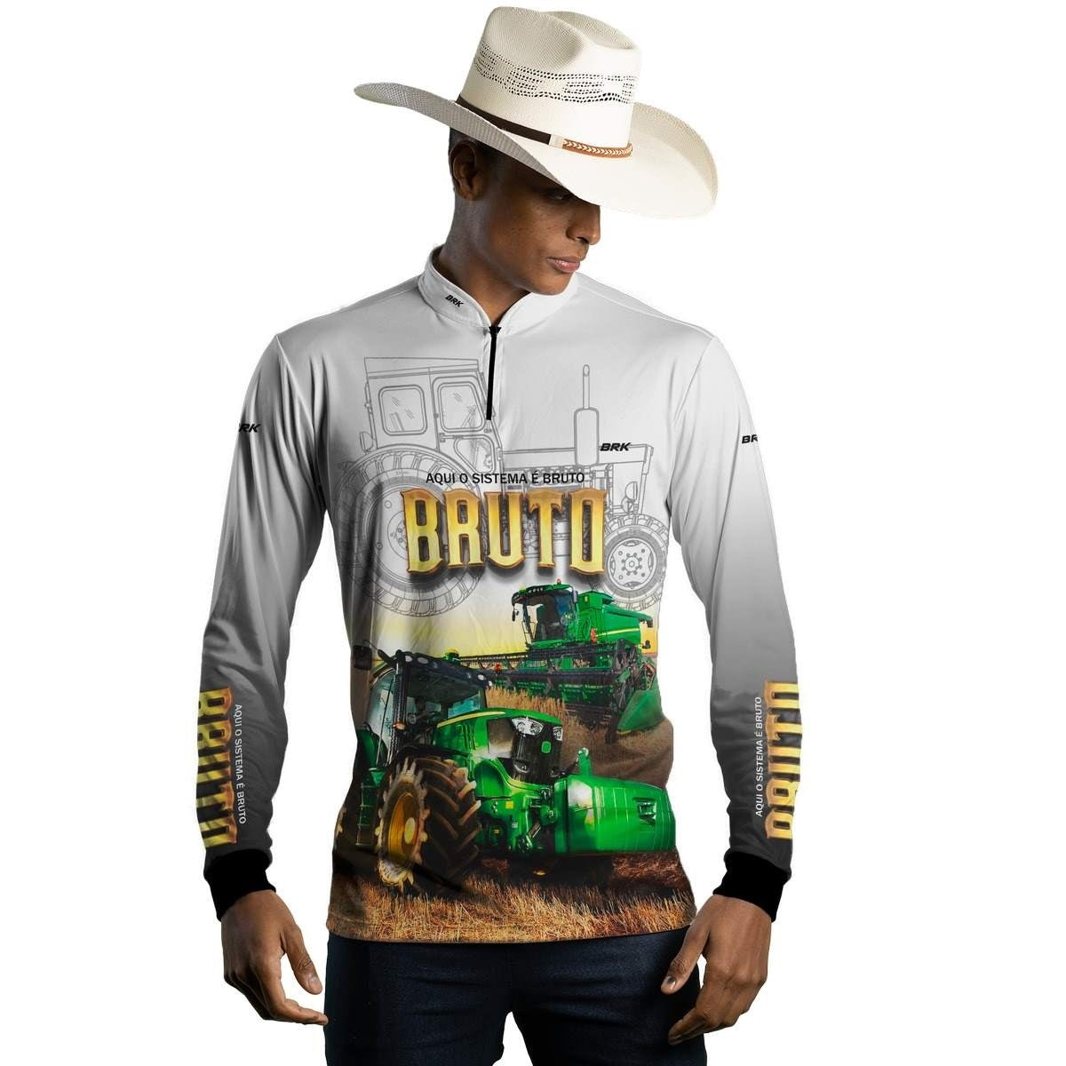 Camisa Branca Brk John Deere Aqui o Sistema é Bruto com Proteção Solar UV50+ - Brk Agro