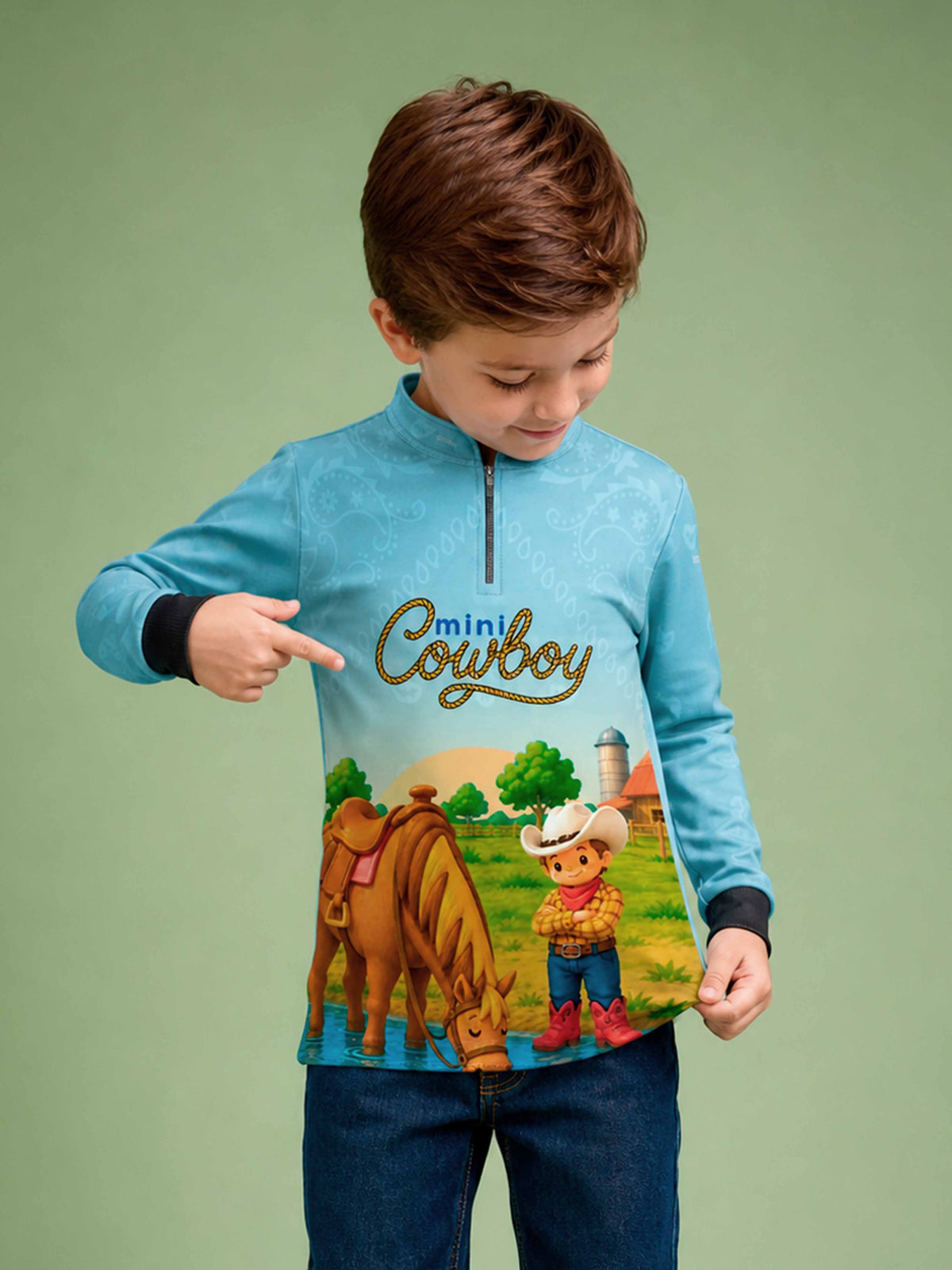 Camisa Agro Kids Mini Cowboy Menino Cavaleiro Azul Claro com Proteção UV50
