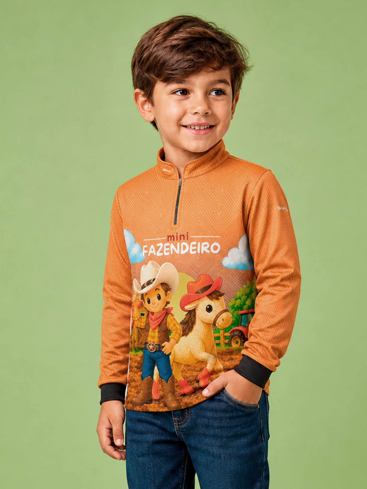 Camisa Agro Kids Mini Fazendeiro Menino Cowboy com Cavalo Laranja com Proteção UV50