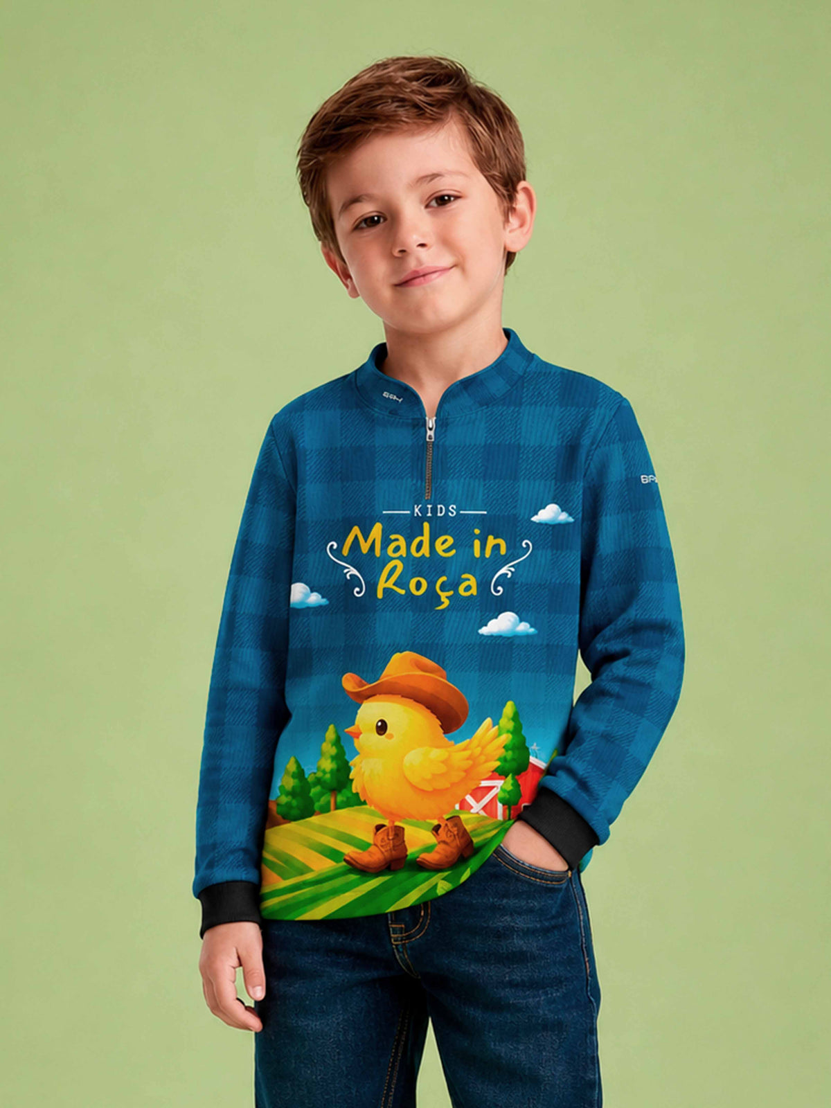 Camisa Agro Kids Made in Roça Pintinho Cowboy Xadrez Azul com Proteção UV50