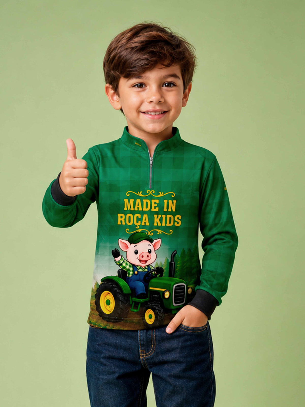 Camisa Agro Kids Made in Roça Porquinho Trator Xadrez Verde com Proteção UV50