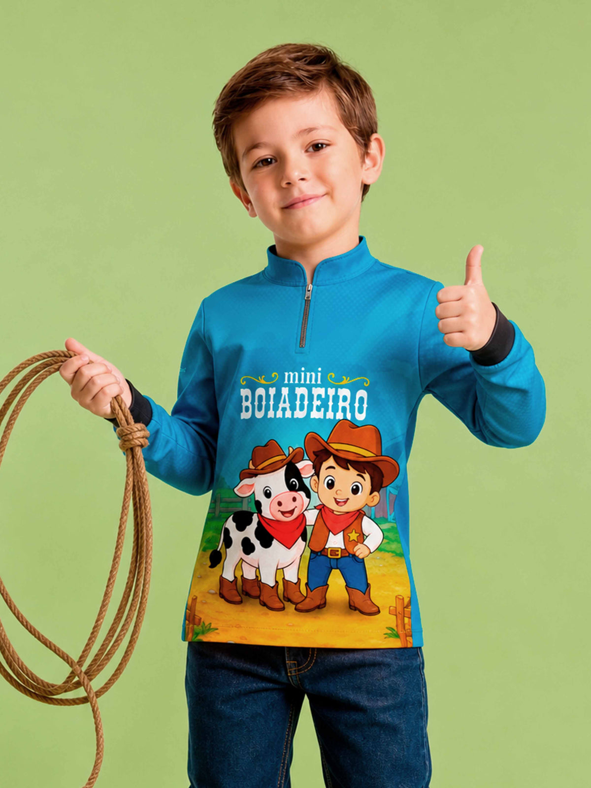 Camisa Agro Kids Mini Boiadeiro Melhores Amigos Cowboy Azul com Proteção UV50