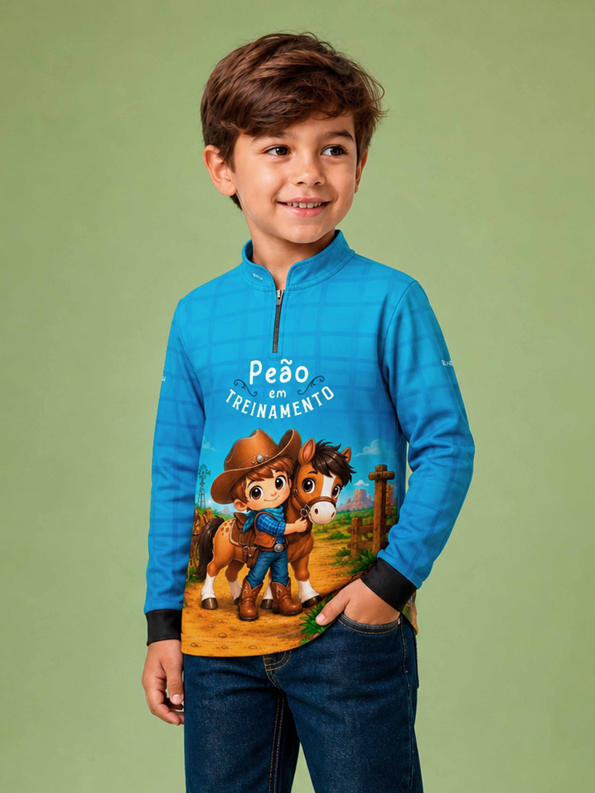 Camisa Agro Kids Peão em Treinamento Cowboy Azul com Proteção UV50