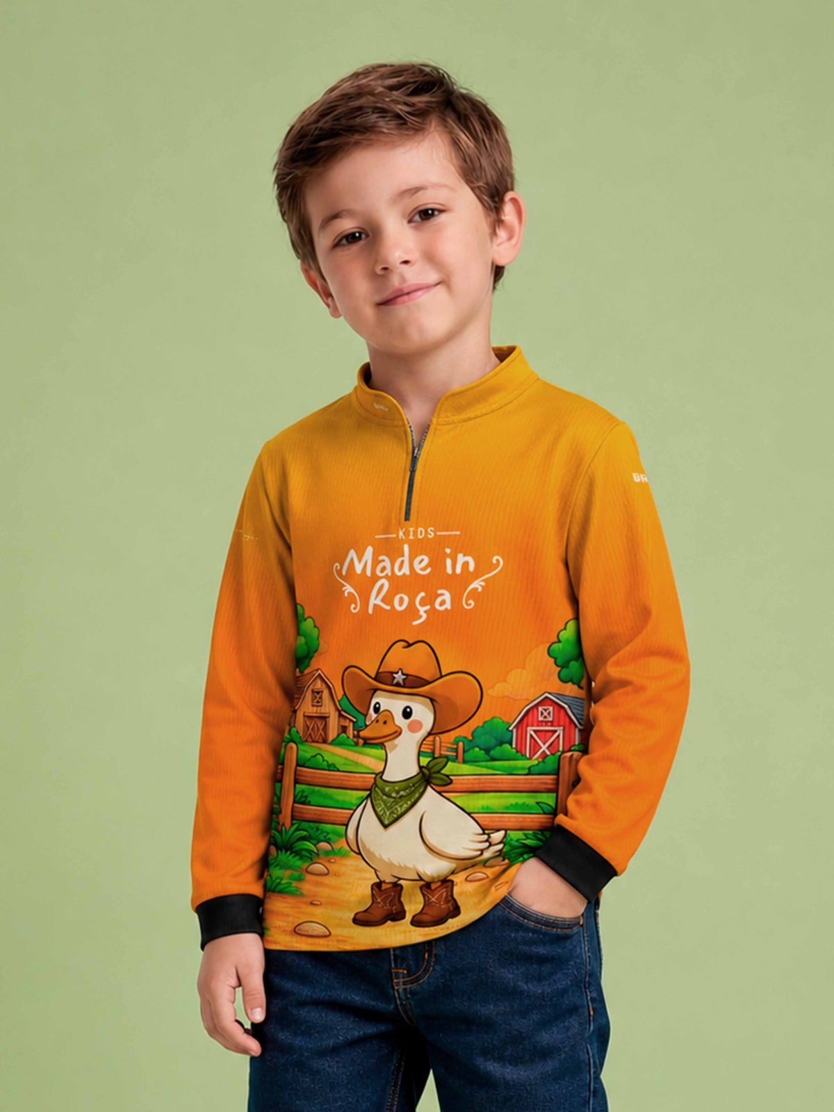 Camisa Agro Kids Made in Roça Patinho Cowboy Laranja com Proteção UV50