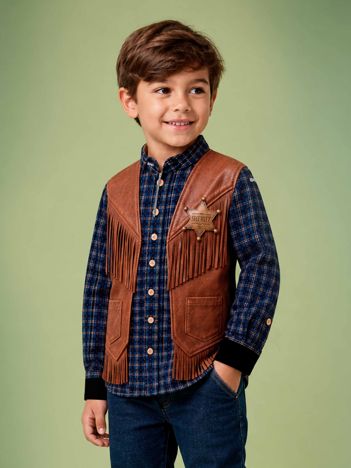 Camisa Agro Kids Mini Xerife Cowboy Xadrez Azul e Marrom com Proteção UV50