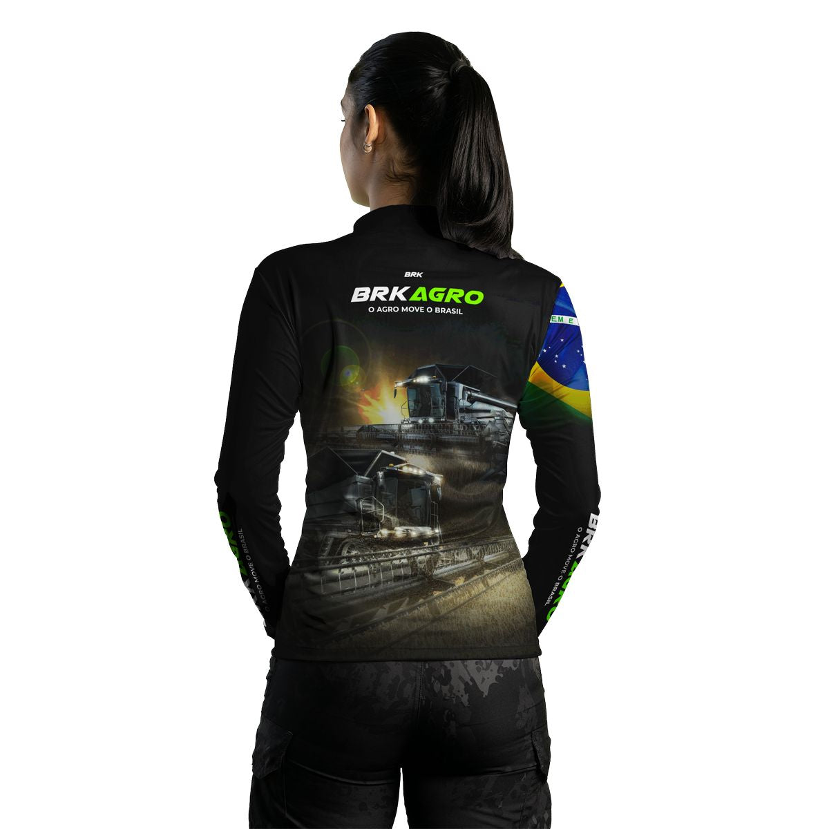 Camisa Agro Feminina Brk Preta Colheitadeira com Proteção Solar UV50+ - Brk Agro