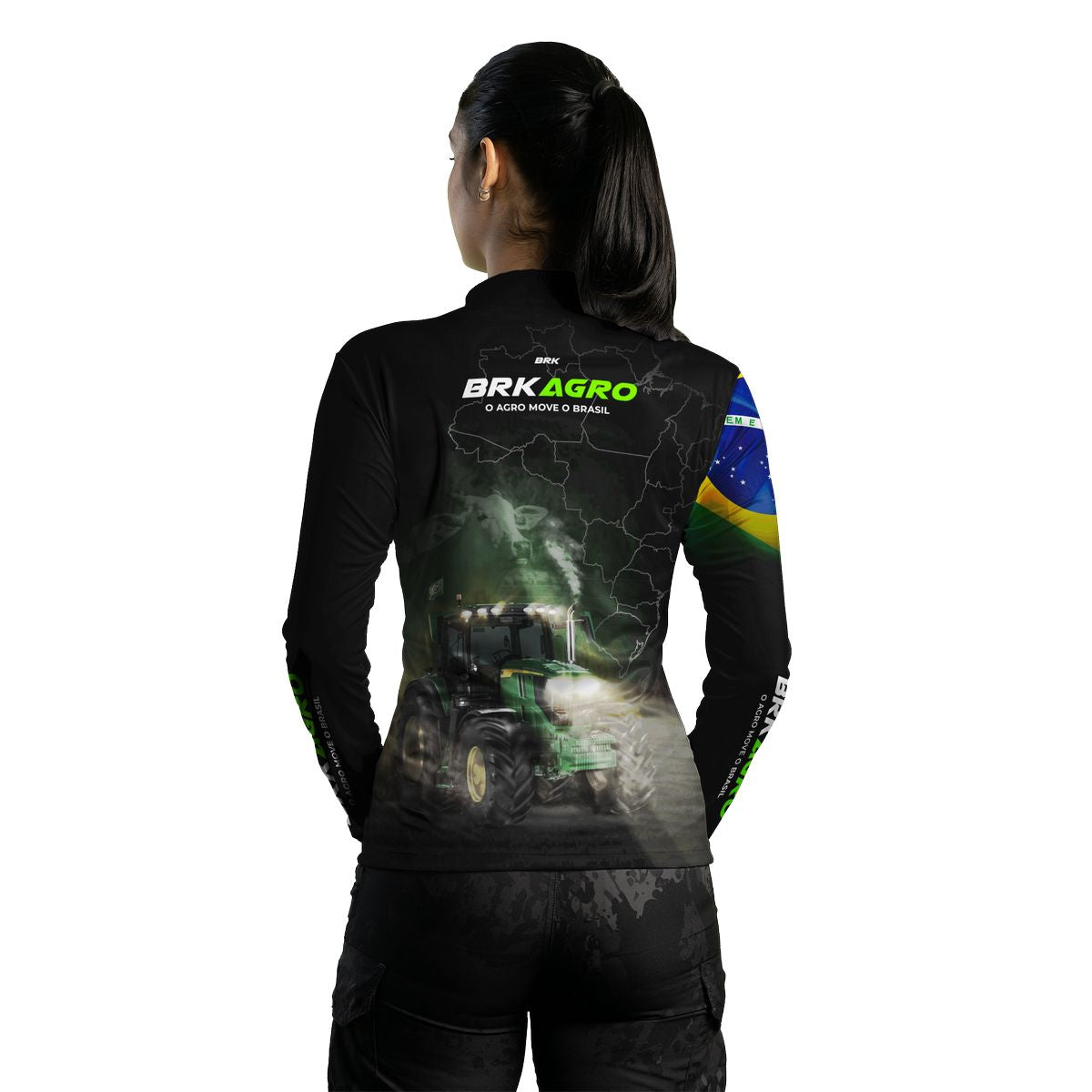 Camisa Agro Feminina Brk Preta O Agro Move o Brasil Trator com Proteção Solar UV50+ - Brk Agro