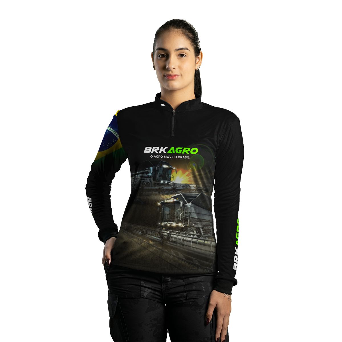 Camisa Agro Feminina Brk Preta Colheitadeira com Proteção Solar UV50+ - Brk Agro