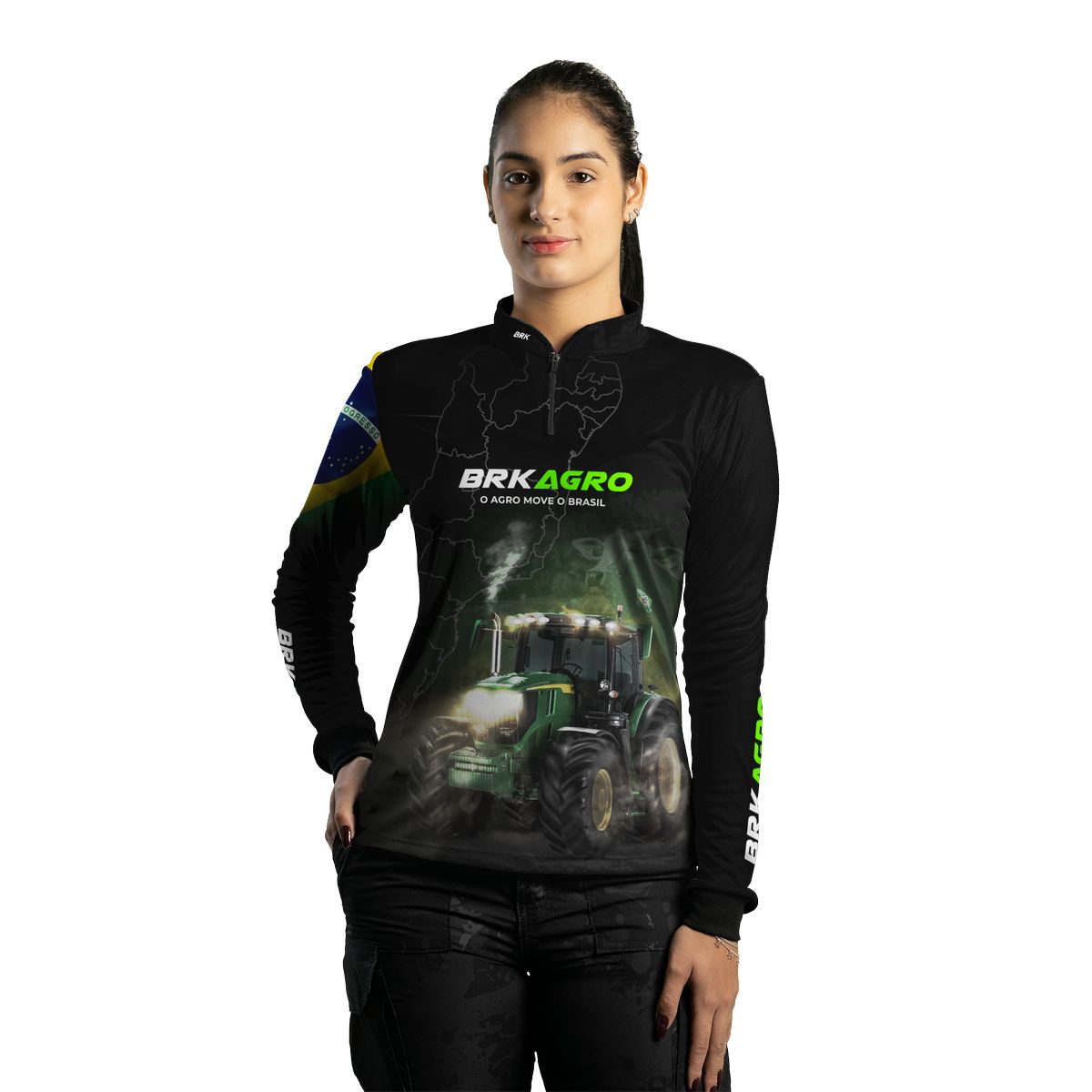 Camisa Agro Feminina Brk Preta O Agro Move o Brasil Trator com Proteção Solar UV50+ - Brk Agro