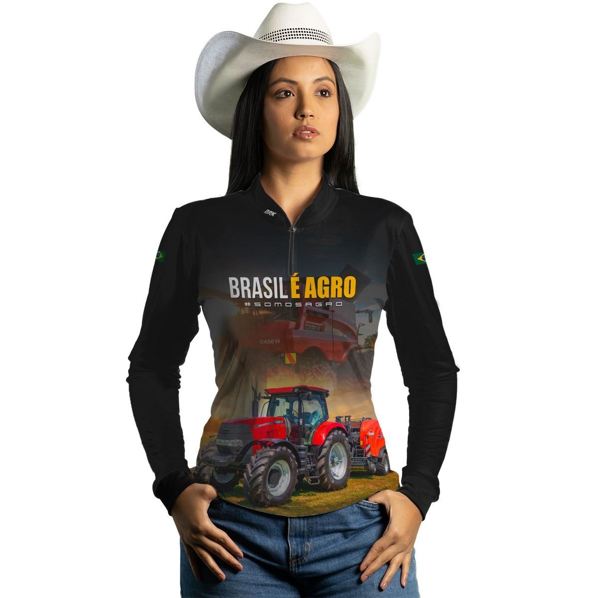 Camisa Agro Feminina Brk Trator Vermelho Brasil é Agro com Proteção UV50 - Brk Agro