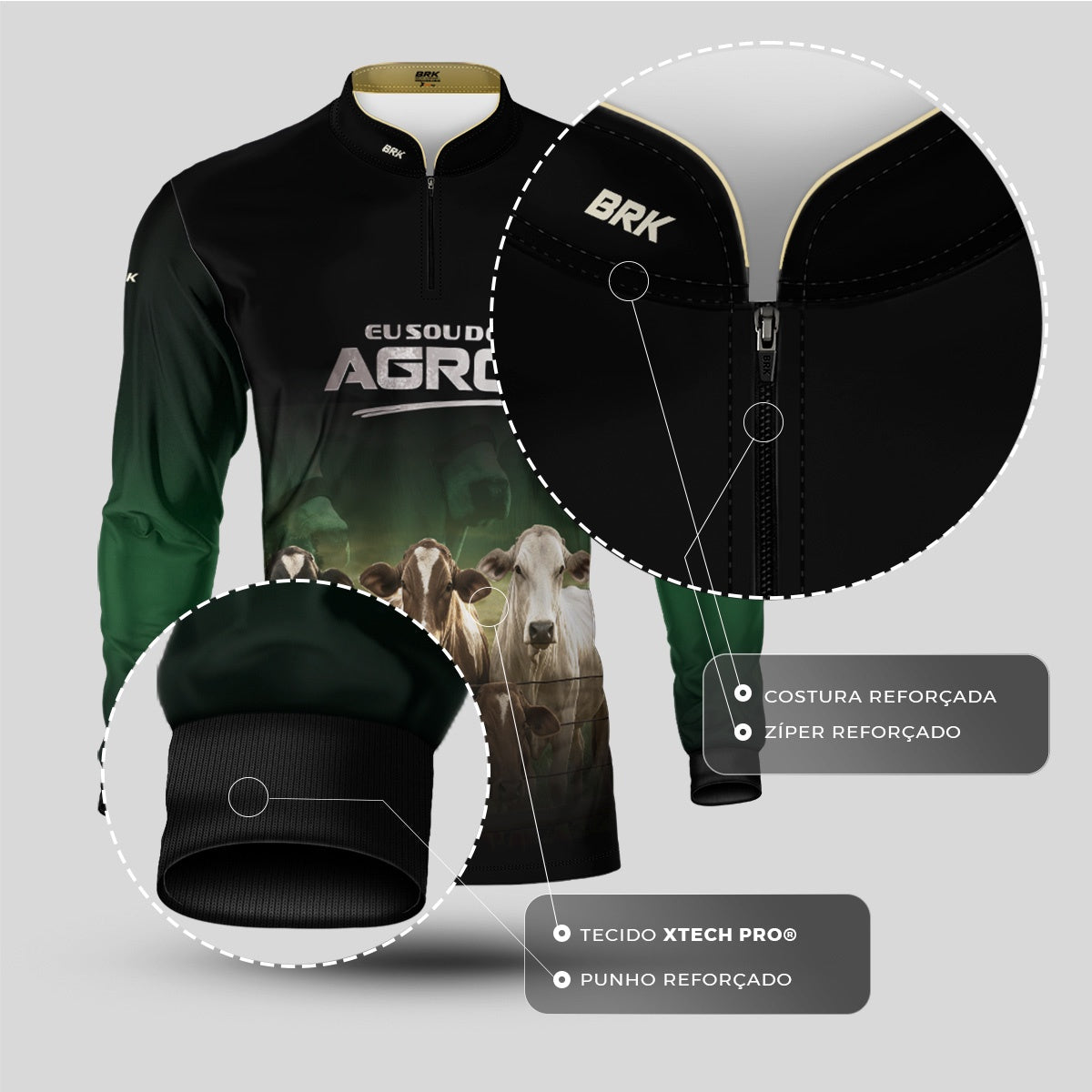 Camisa Agro Brk Eu Sou do Agro Pecuária Preto e Verde com Proteção UV50 - Envio Imediato - Brk Agro