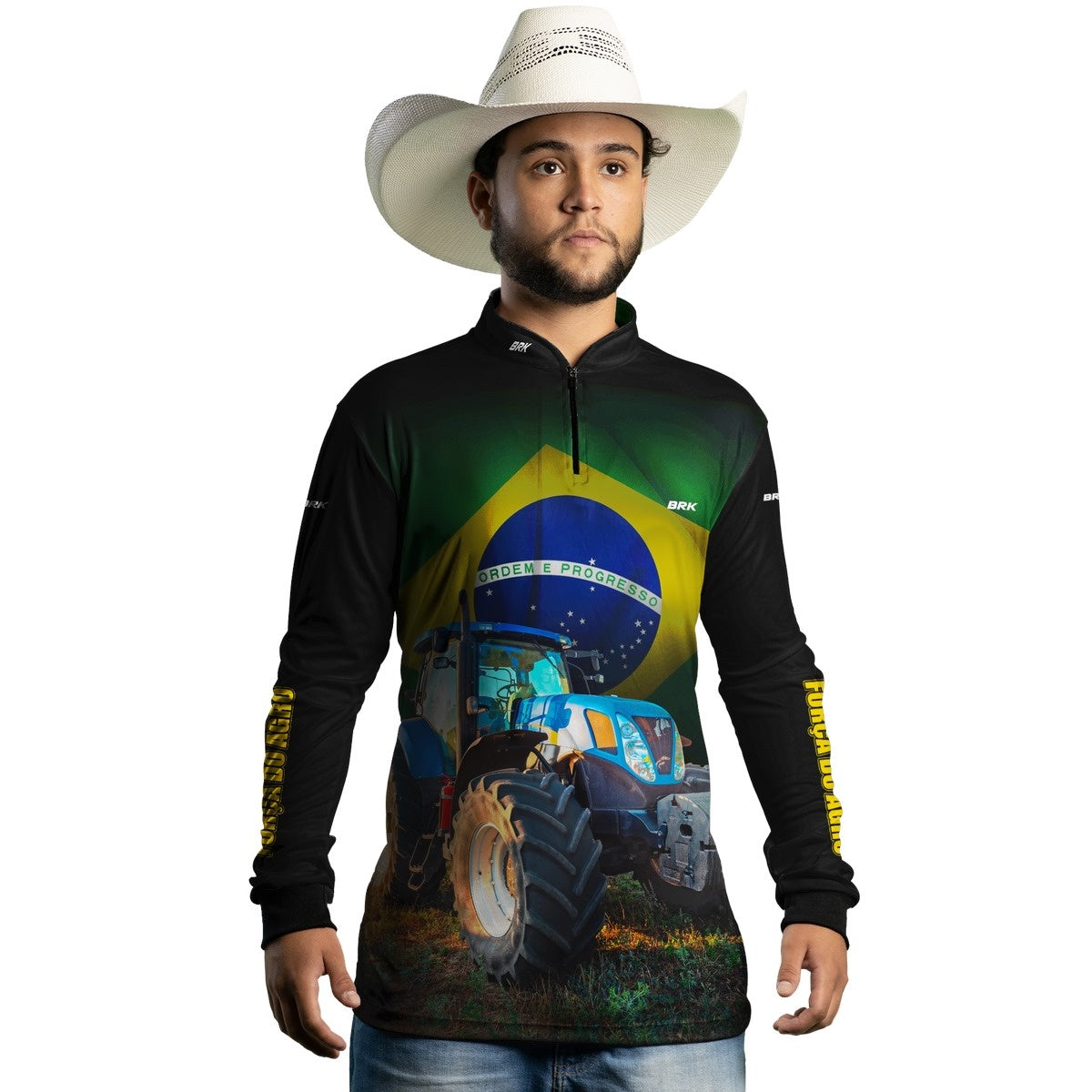 Camisa Agro Brk Trator Azul Bandeira do Brasil com Proteção Solar UV50+ - Brk Agro