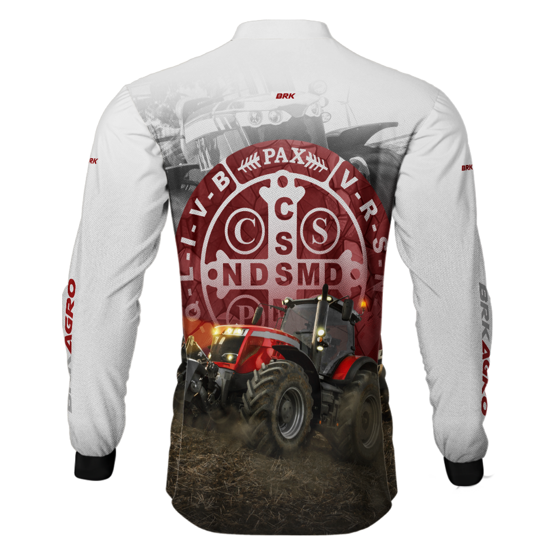 Camisa Agro Brk Trator São Bento Branco e Vermelho com Proteção Solar UV50+ - BRK AGRO