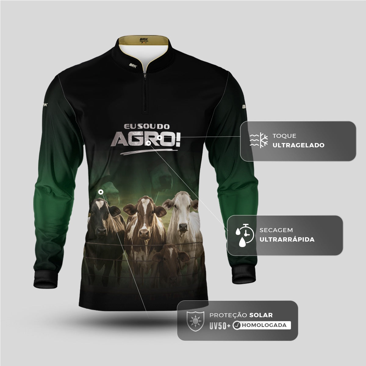 Camisa Agro Brk Eu Sou do Agro Pecuária Preto e Verde com Proteção UV50 - Envio Imediato - Brk Agro