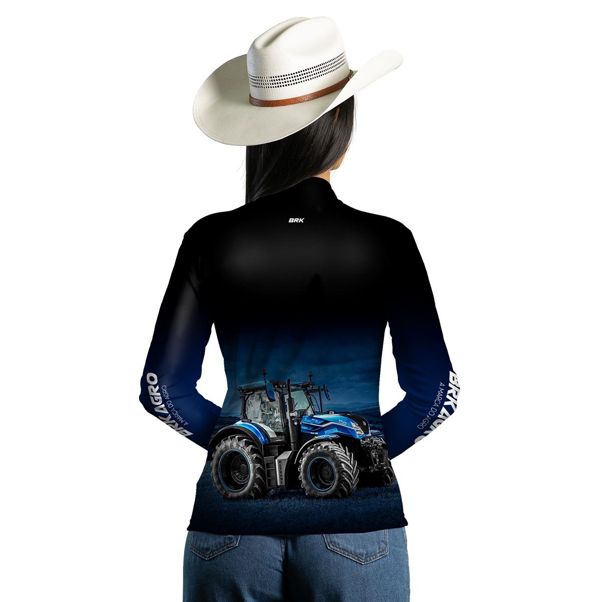 Camisa Feminina Agro Brk Preta Degradê Azul Trator T7 com Proteção Solar UV50+ - Brk Agro