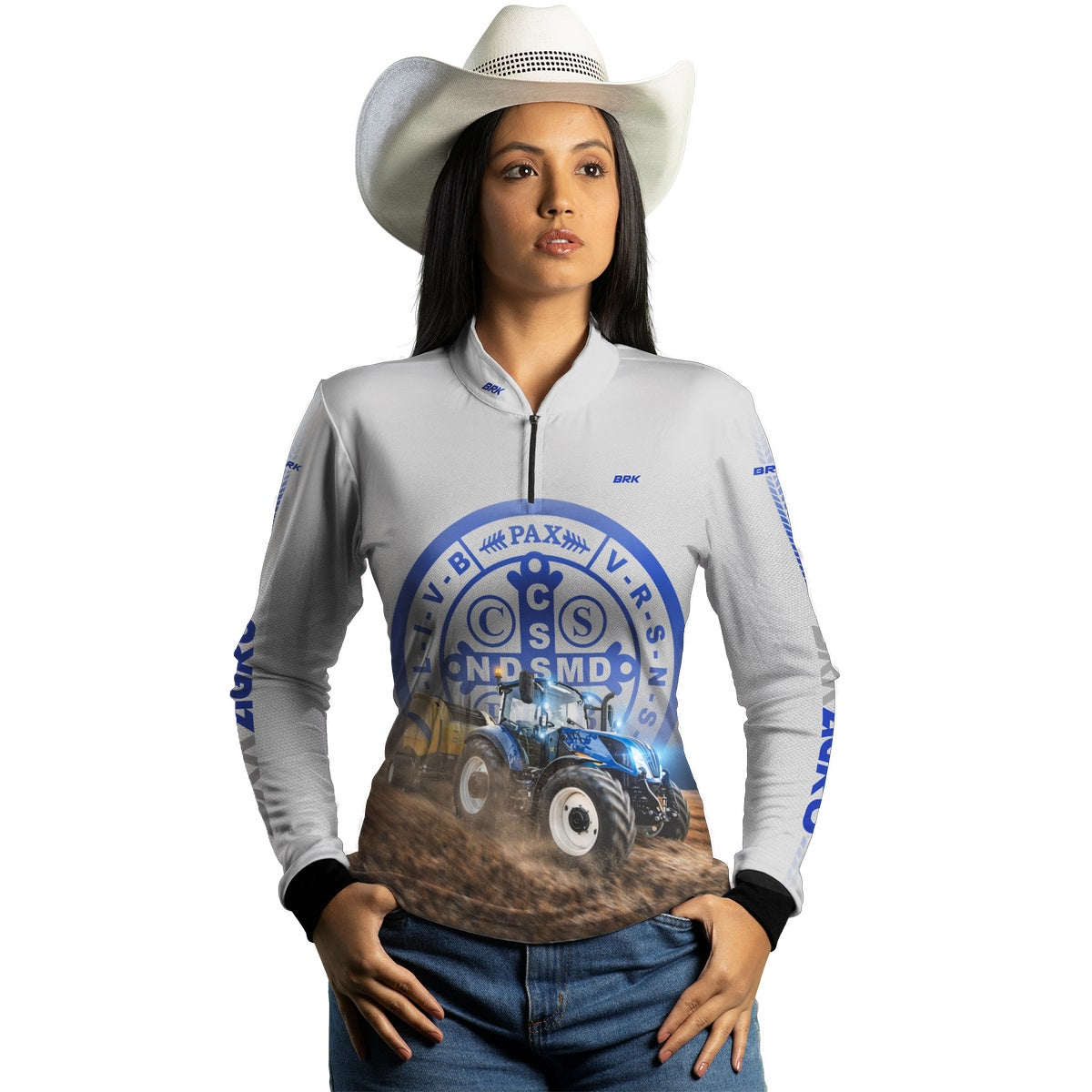 Camisa Agro Brk Trator Azul e Branco São Bento com Proteção Solar UV50+ - BRK AGRO