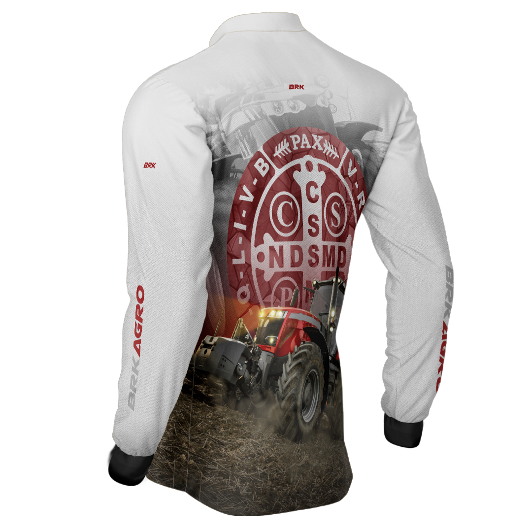 Camisa Agro Brk Trator São Bento Branco e Vermelho com Proteção Solar UV50+ - BRK AGRO