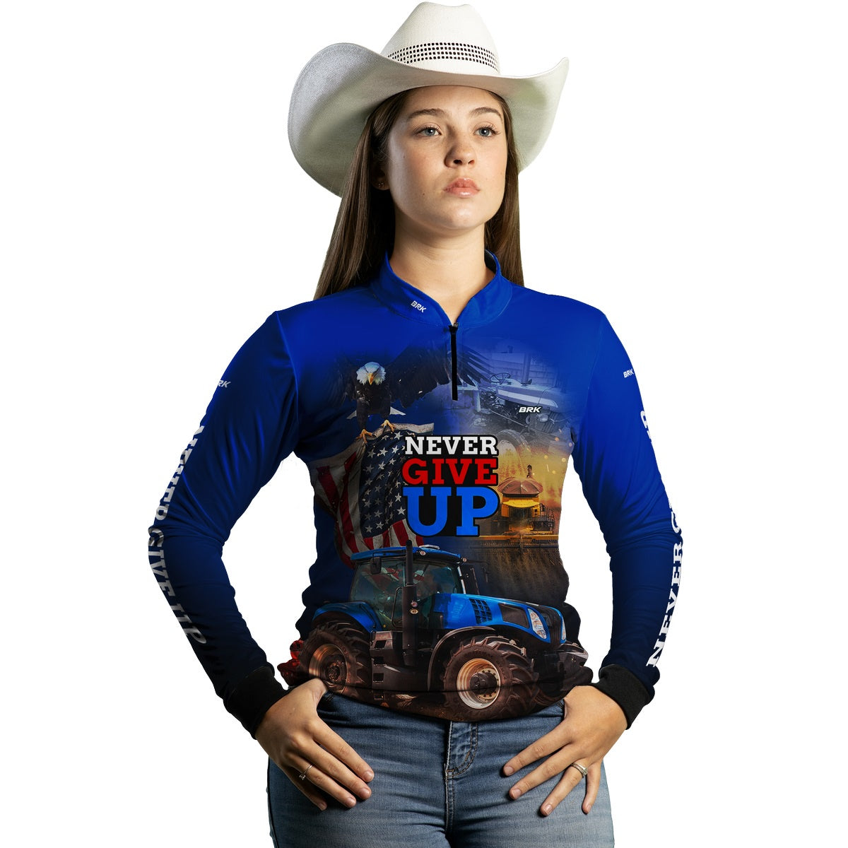 Camisa Agro Brk Azul Trator Never Give Up com Proteção Solar UV50+ - Brk Agro