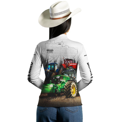 Camisa Feminina Agro Brk Brasil é Agro Branca com Proteção Solar UV50+ - Brk Agro
