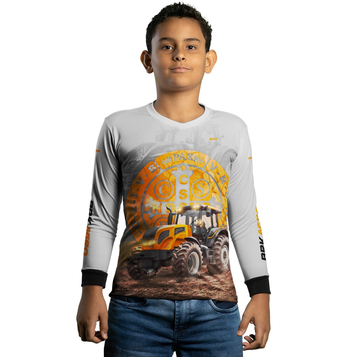 Camisa Agro Brk Trator São Bento Laranja e Branco com Proteção Solar UV50+ - BRK AGRO