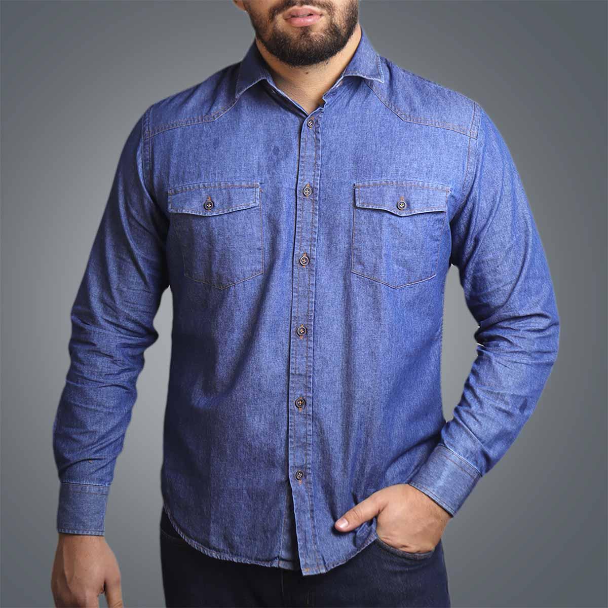 Camisa Social Agro Brk Jeans Manga Longa Slim Fit - Jeans Escuro - Brk Agro