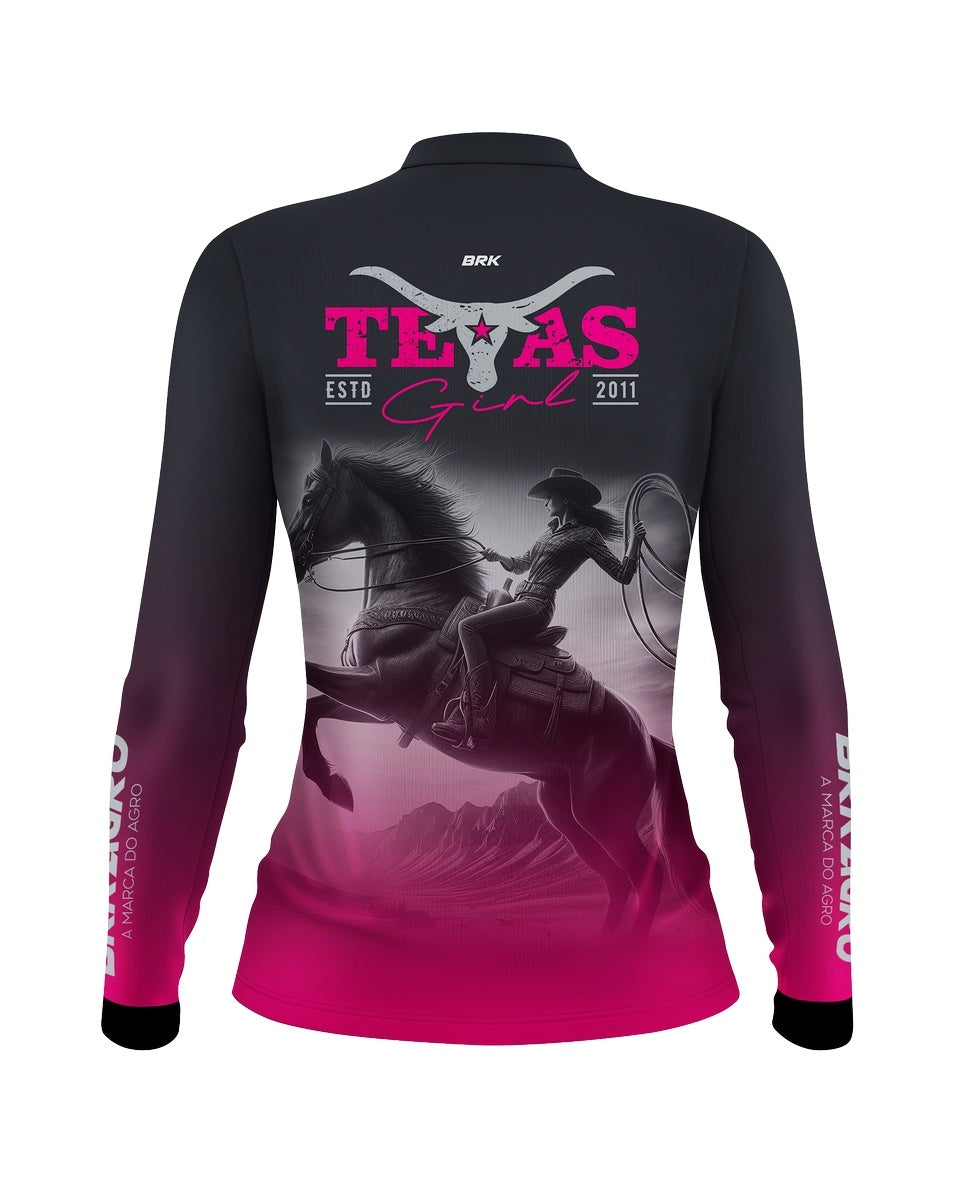 Camisa Agro Brk Feminina Texas Girl Preta e Rosa com Proteção Solar UV50+ - BRK AGRO