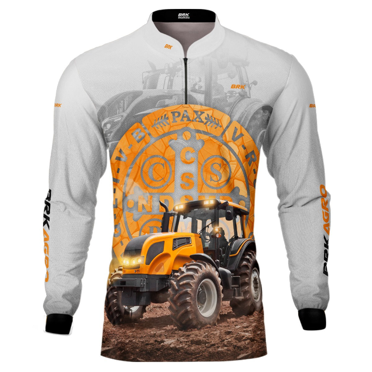 Camisa Agro Brk Trator São Bento Laranja e Branco com Proteção Solar UV50+ - BRK AGRO